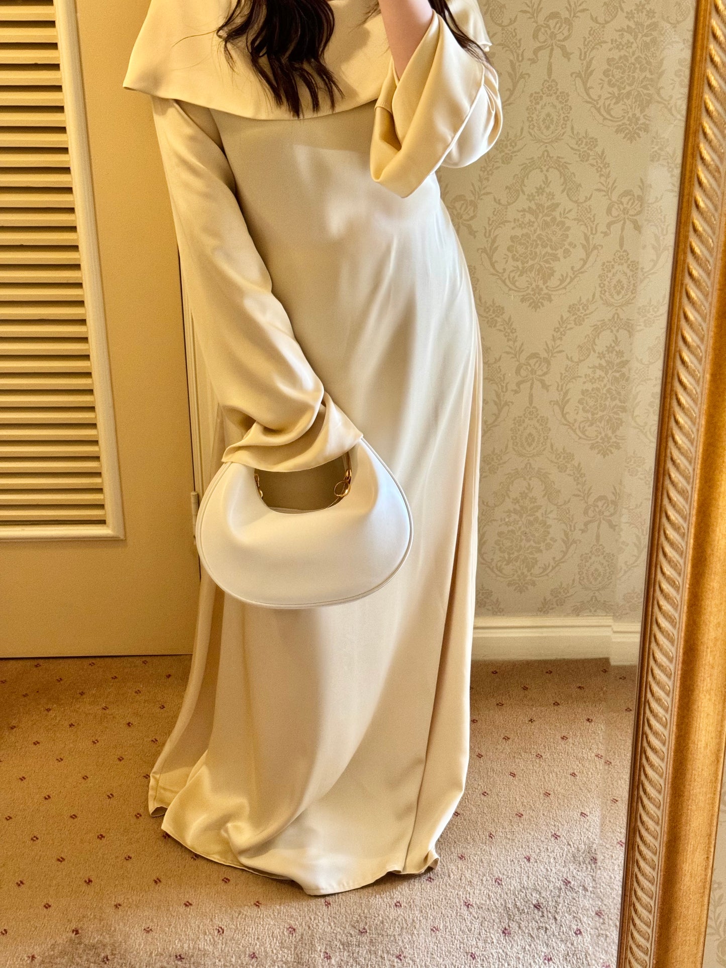 Soleil Satin Modest Boatneck Dress in Pale Yellow