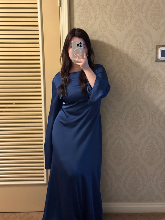 Diana Satin Boatneck Dress in Navy Blue